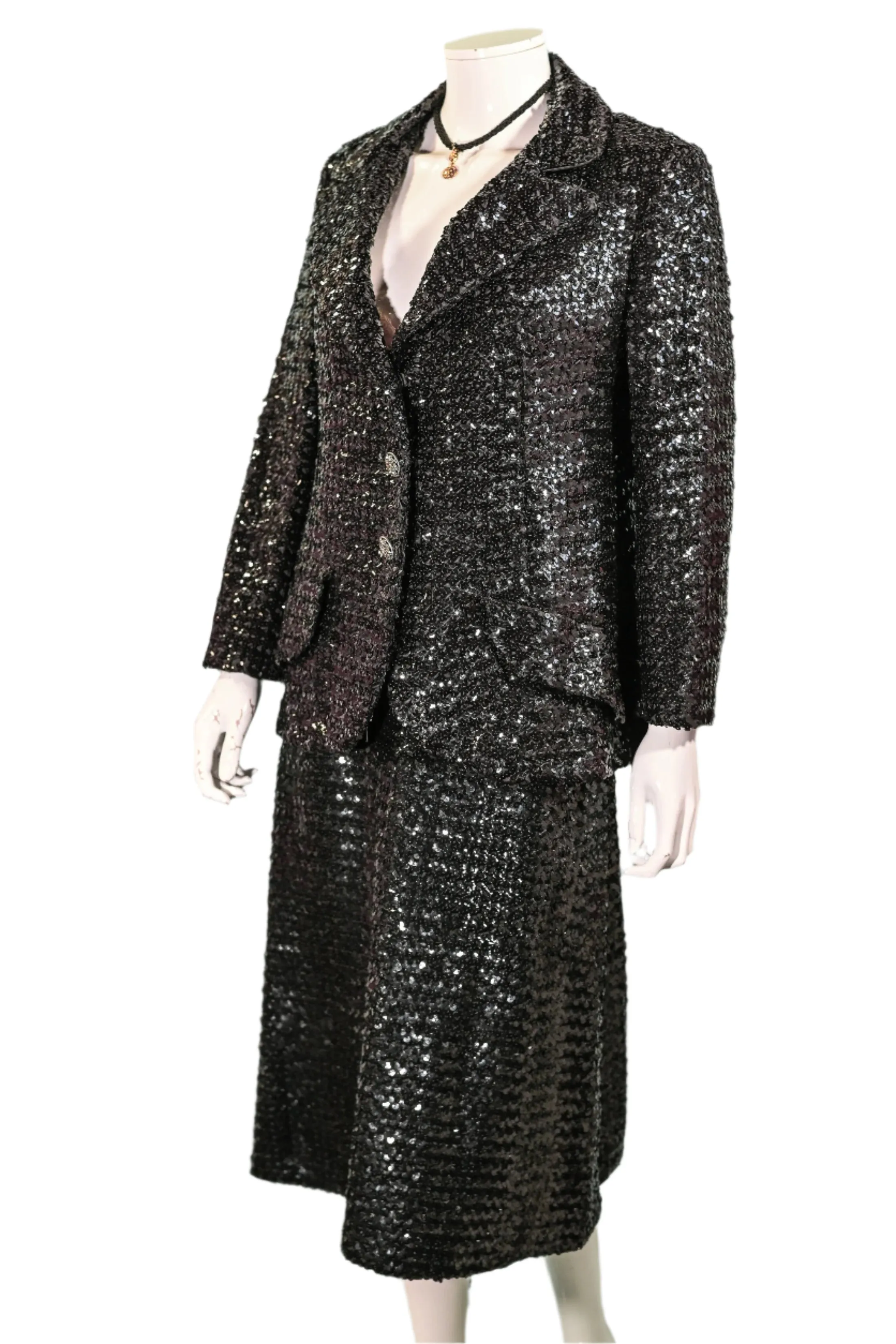 Vintage 60s Black Sequin Jacket/Skirt 2 Piece Suit, Eveningwear Party Separates Suit