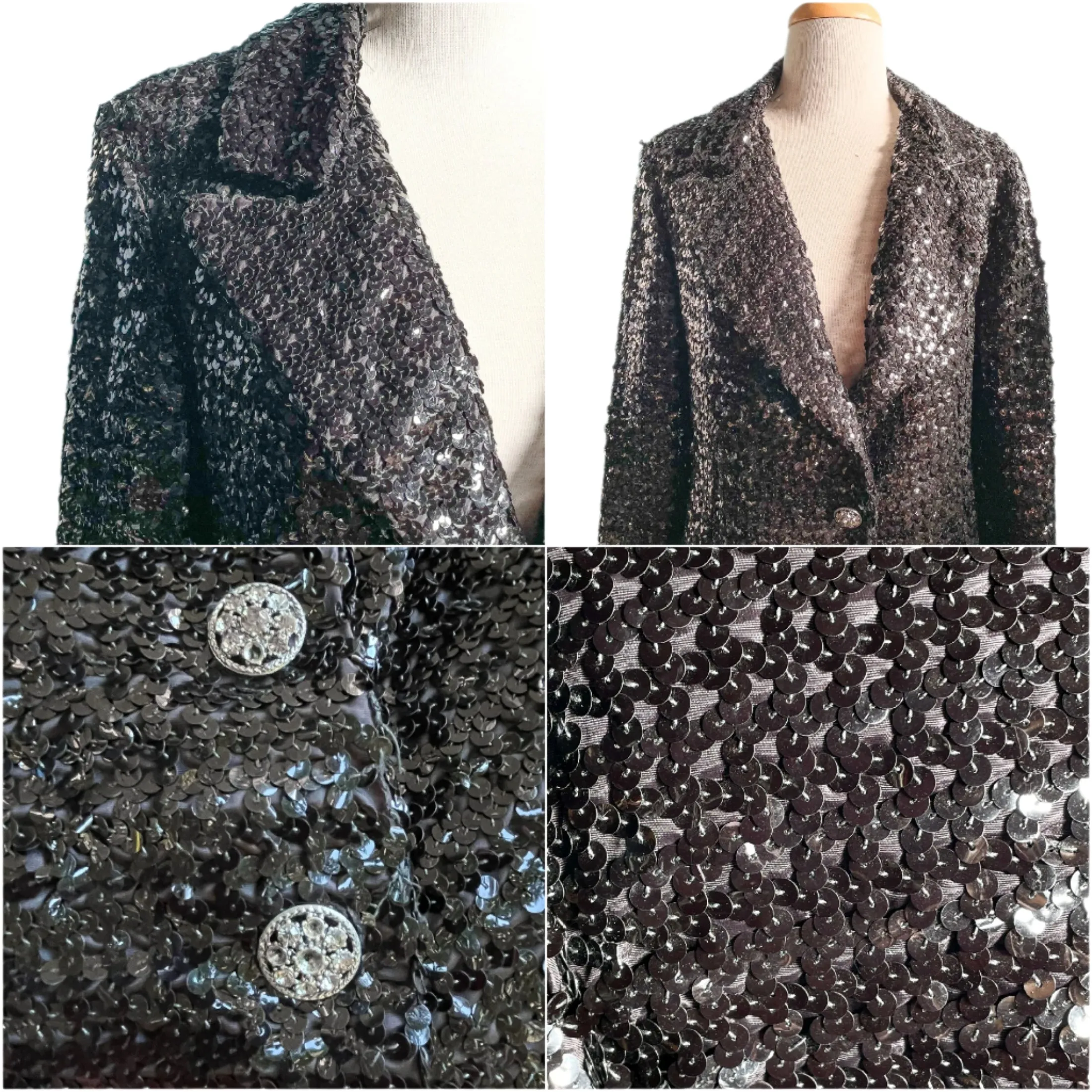 Vintage 60s Black Sequin Jacket/Skirt 2 Piece Suit, Eveningwear Party Separates Suit