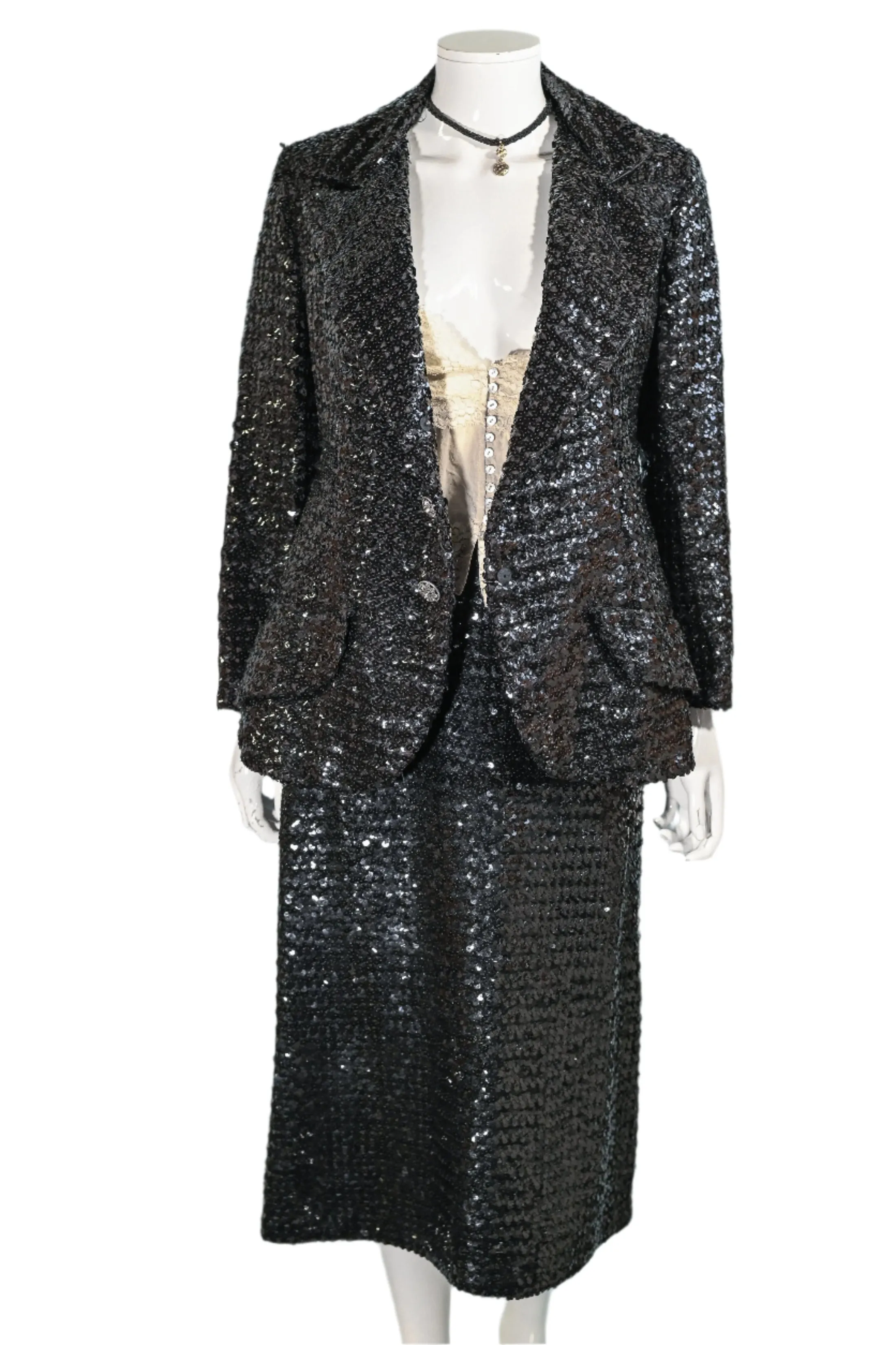 Vintage 60s Black Sequin Jacket/Skirt 2 Piece Suit, Eveningwear Party Separates Suit