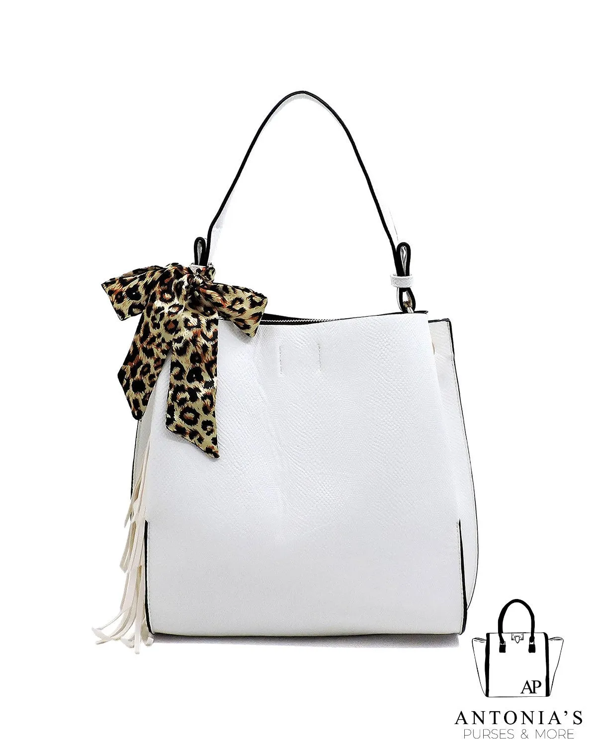 Virago Collection Leopard Bow Tassel Handbag- White