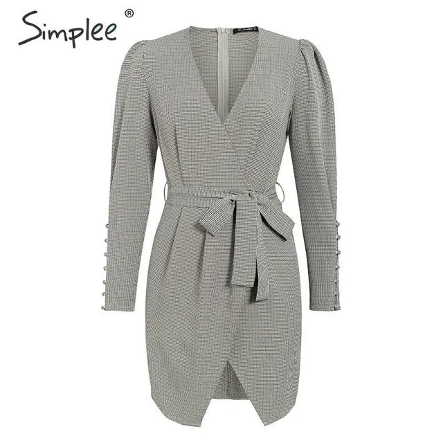 WILUXE Sexy v-neck women plaid dress Retro drop shoulder puff sleeve short party dress Elegant office ladies strap short dress
