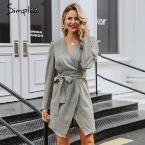 WILUXE Sexy v-neck women plaid dress Retro drop shoulder puff sleeve short party dress Elegant office ladies strap short dress