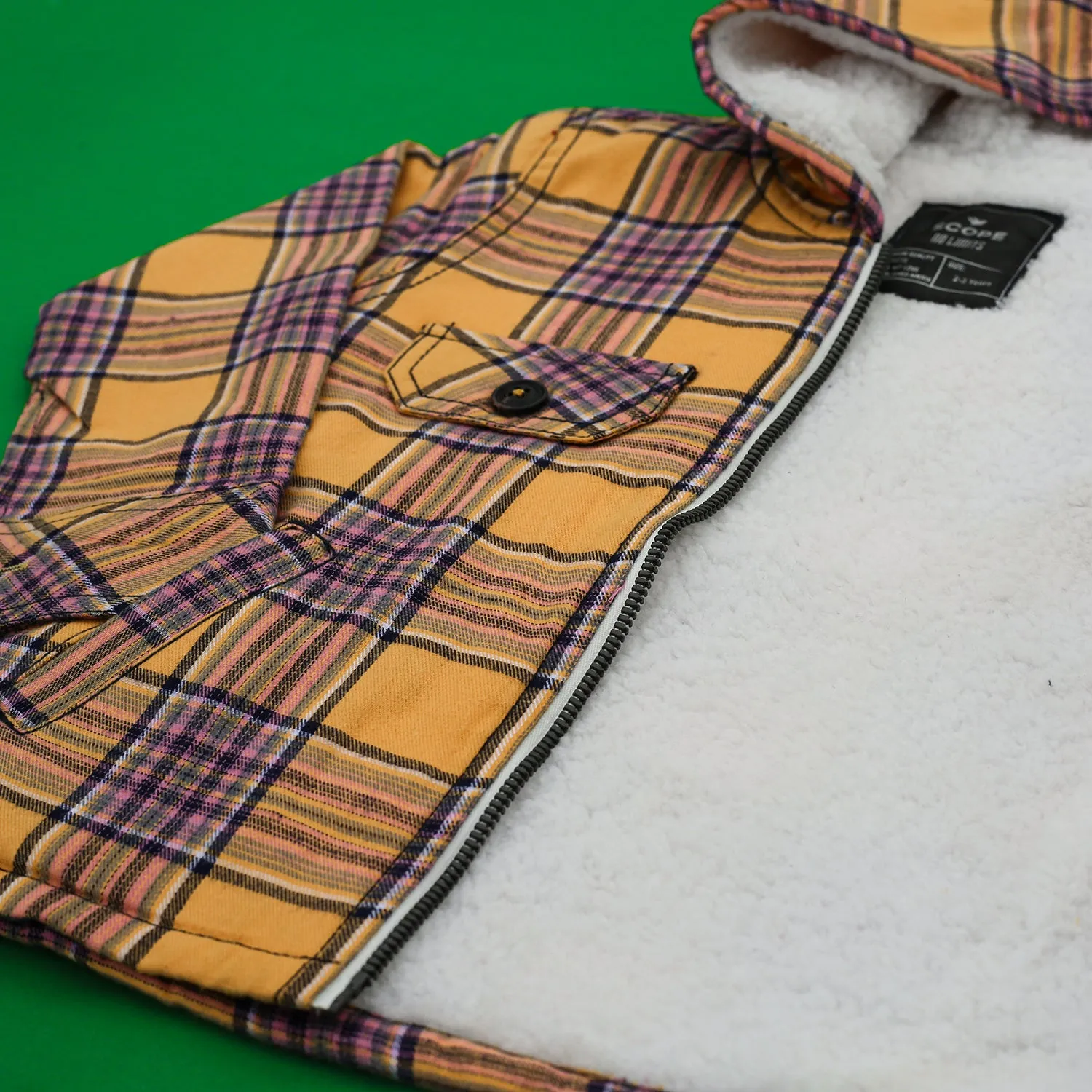 Yellow Checkered Coat With Fur